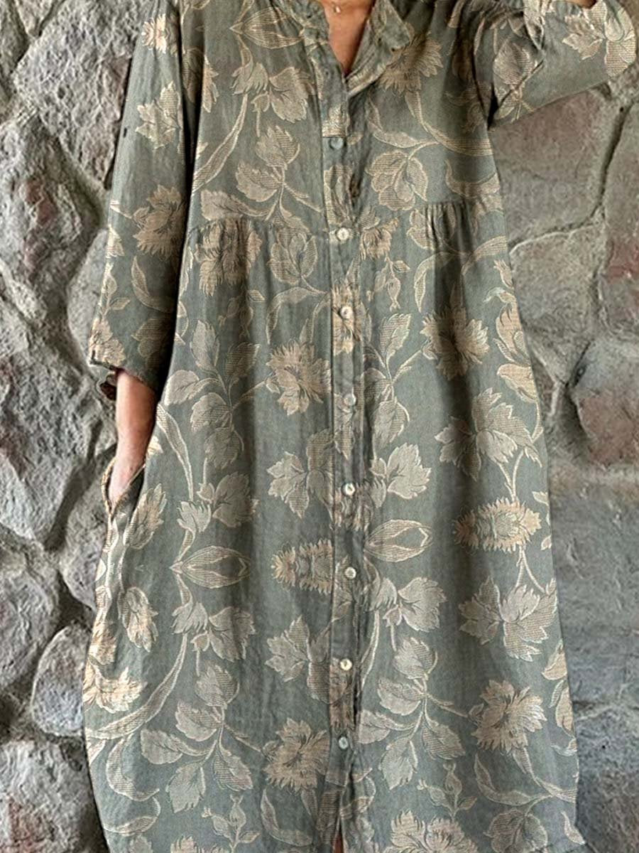 Women's Elegant Simple Shirt Style Cotton and Linen Dress with Decorative Floral Print