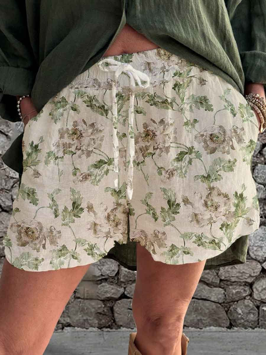 Women's Summer Elegant Simple Floral Linen Strappy Shorts