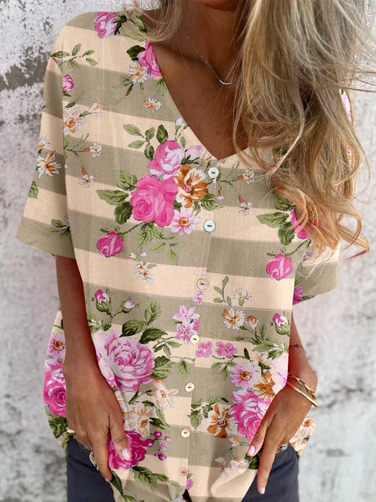 Women's Elegant Striped Rose Floral Shirt Style Cotton and Linen Top