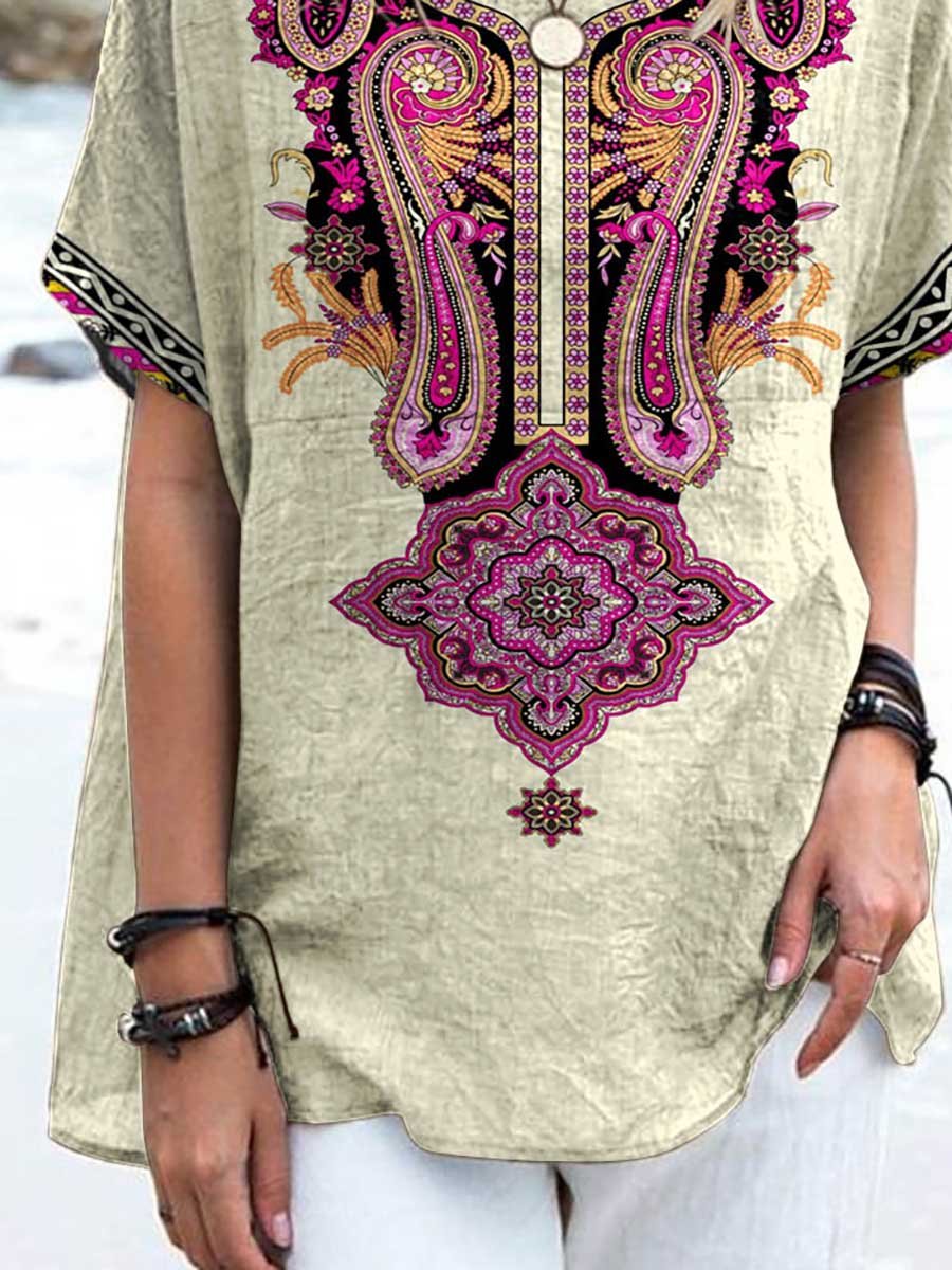 Women's Boho Graphic Printed Cotton and Linen Top