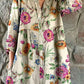 Women's Elegant Floral Print Shirt Style Cotton and Linen Dress