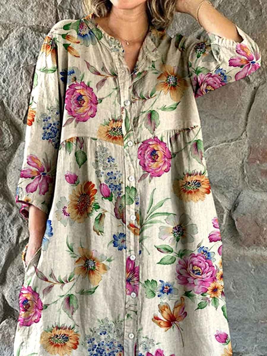 Women's Elegant Floral Print Shirt Style Cotton and Linen Dress