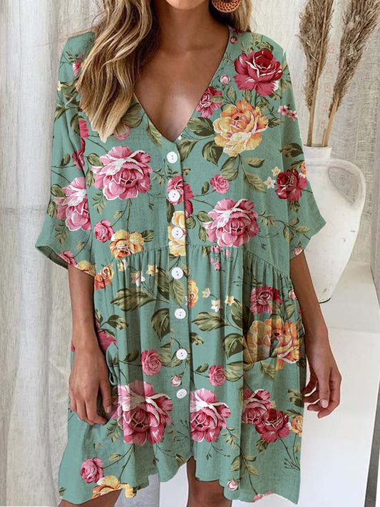 Women's Elegant Rose Floral Print Cotton and Linen Dress