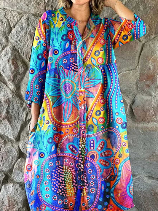 Women's Arty Bohemian Geometric Pattern Cotton and Linen Shirt Dress