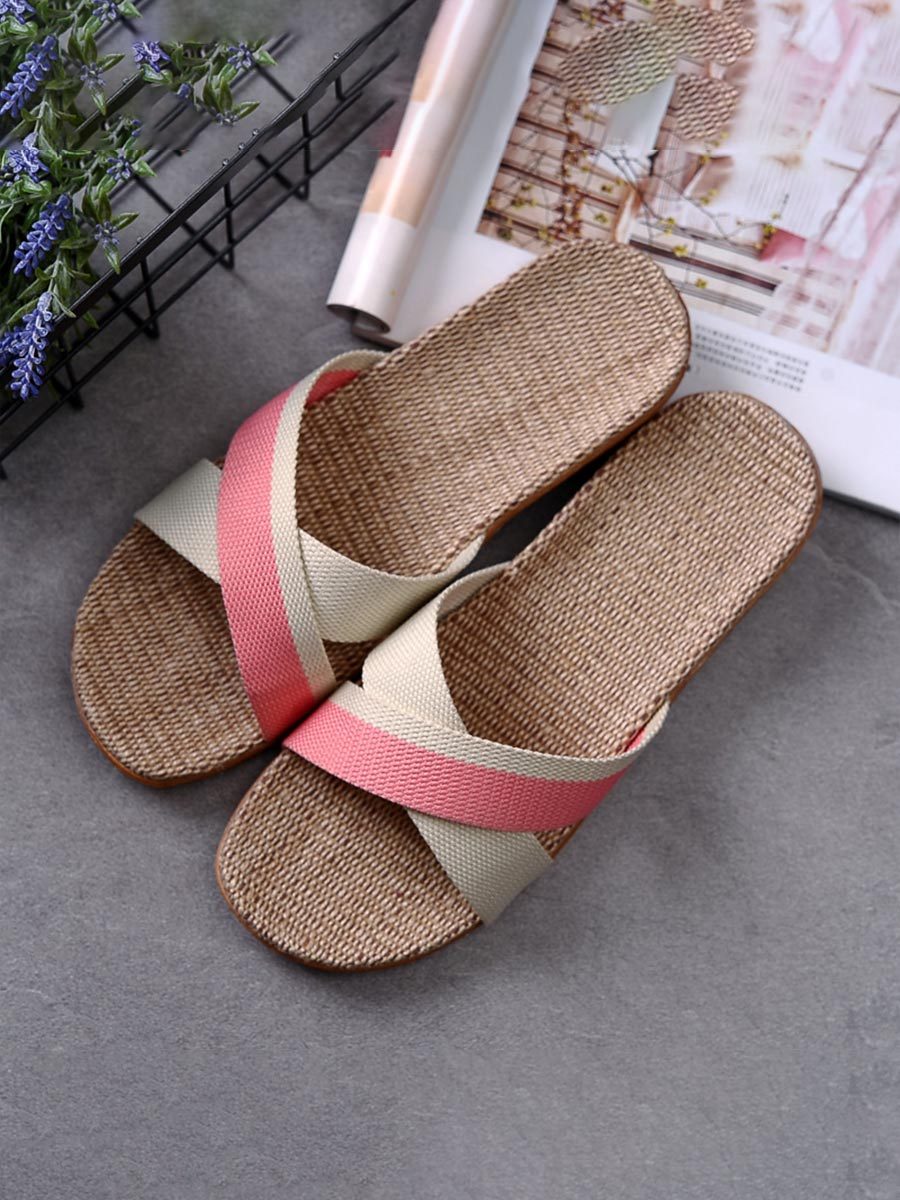 Women's Colorblock Linen Thick Sole Non-Slip Home Slippers