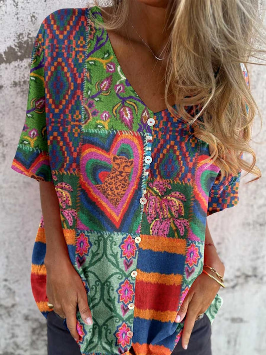 Women's Retro Ethnic Style Patchwork Printed Pattern V-neck Shirt Style Cotton and Linen Top