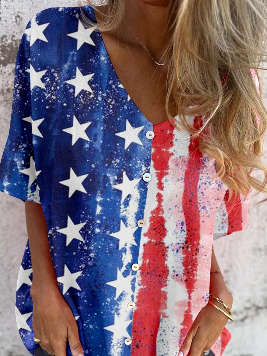 Women's Independence Day Flag Pattern Shirt-style Cotton and Linen Top