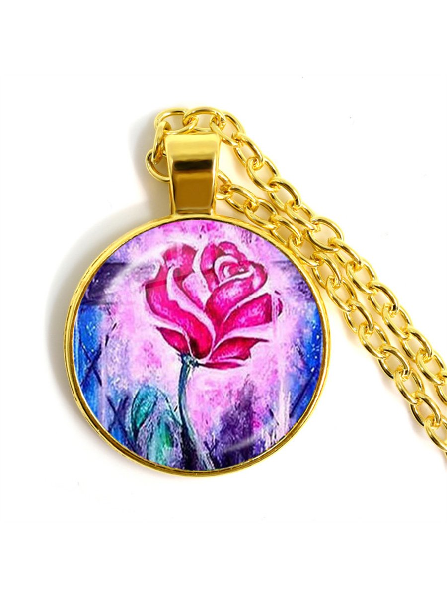 Stylish Poppy Pattern Glass Round Gold Necklace