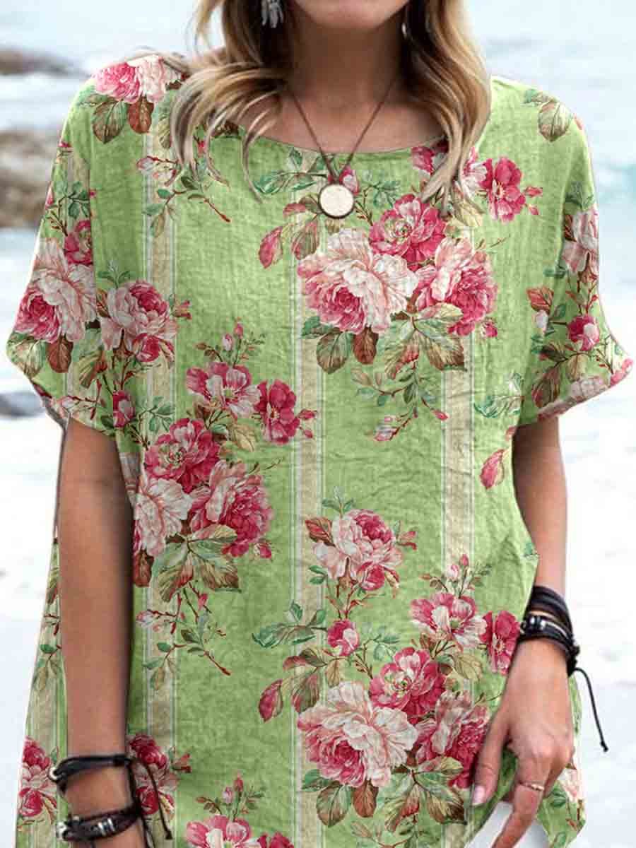 Women's Elegant Vintage Rose Floral Print Linen Top