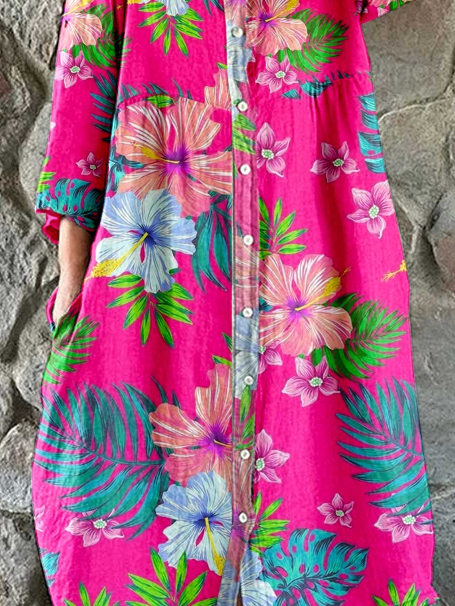 Women's Tropical Floral Shirt Style Cotton and Linen Dress