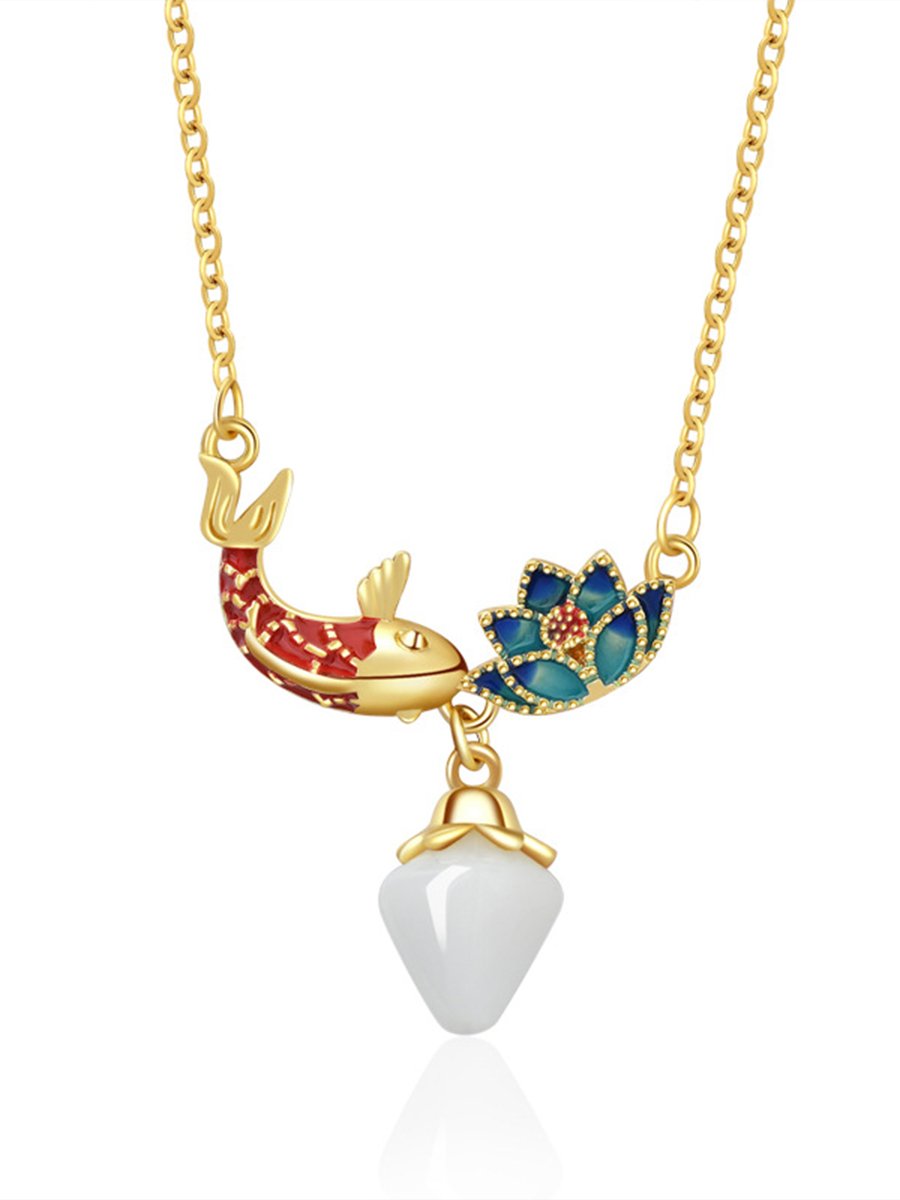 Women's Retro Ethnic Style Koi Lotus Pendant Necklace