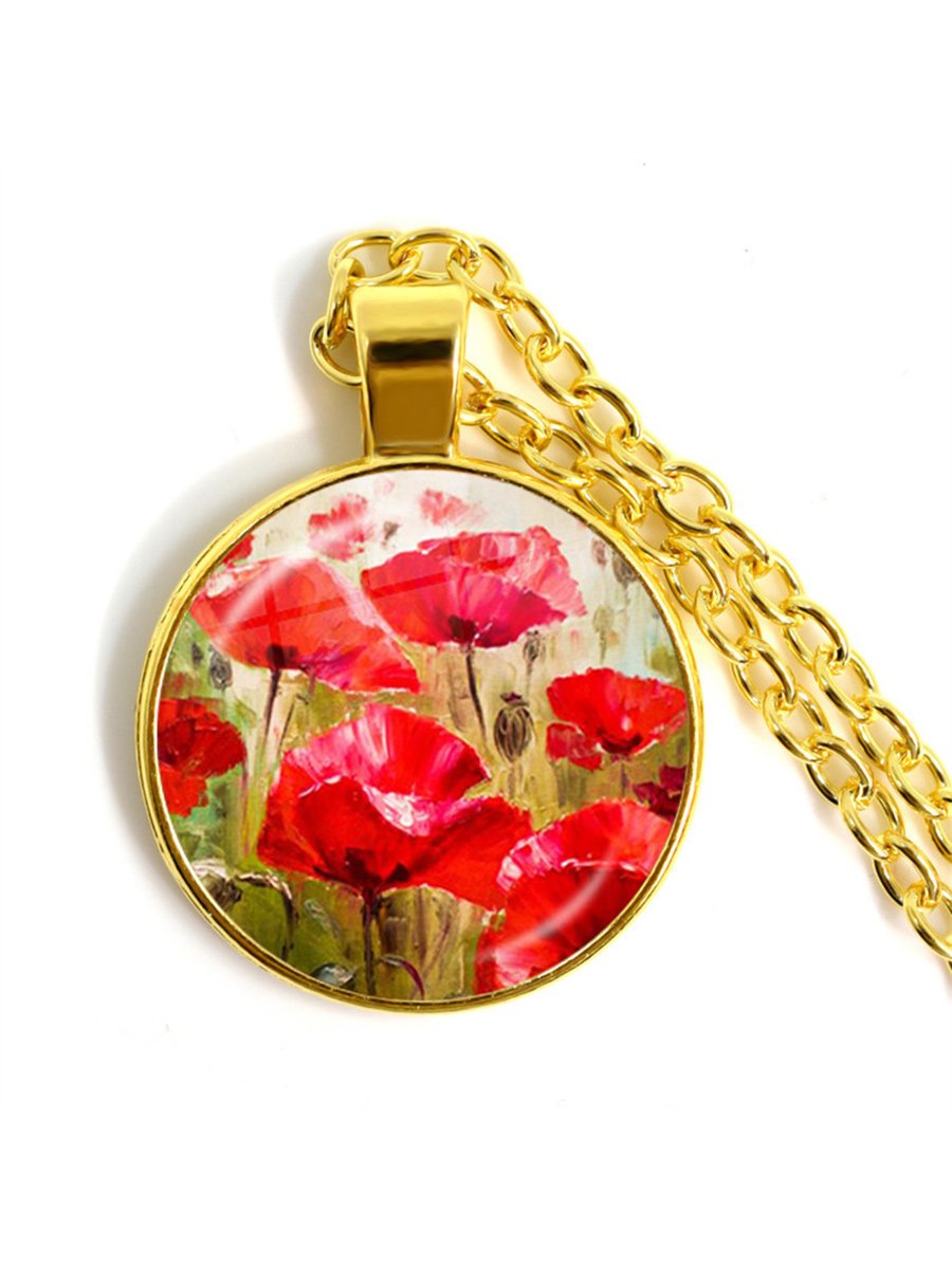 Stylish Poppy Pattern Glass Round Gold Necklace