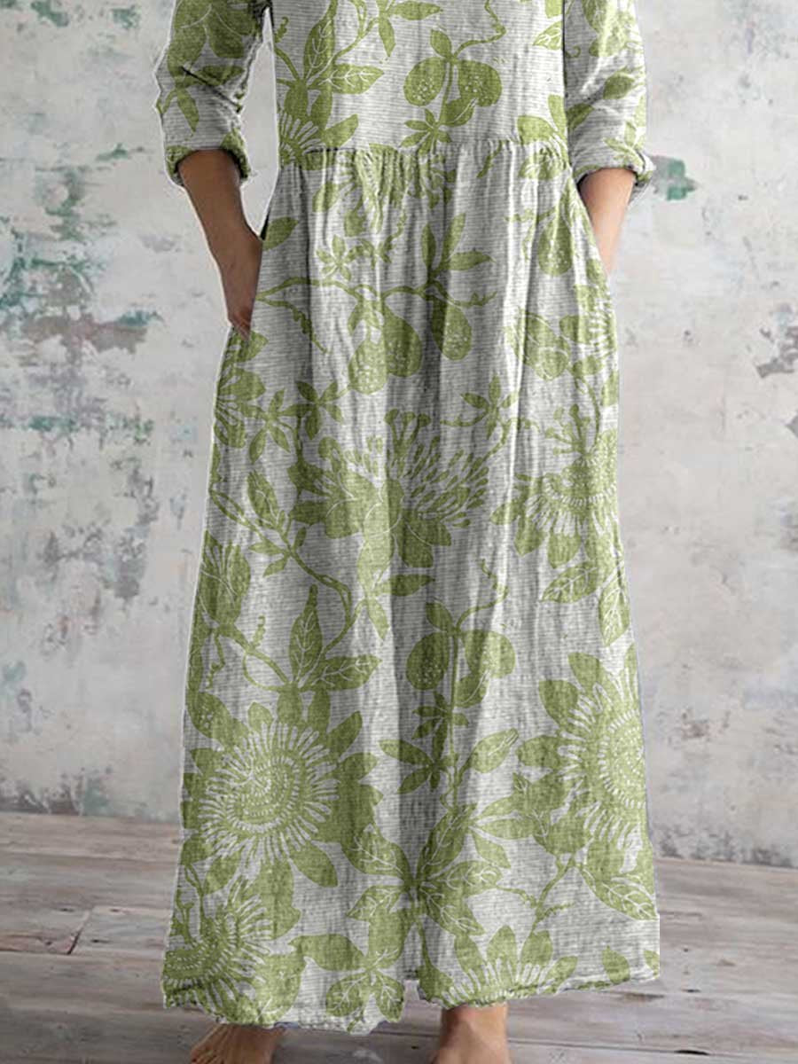 Women's Elegant Floral Pattern V-Neck Cotton Dress