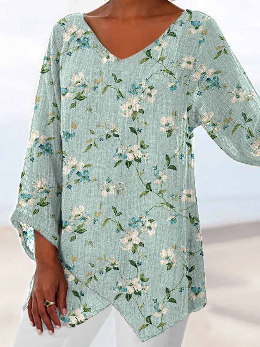 Women's V-neck Elegant Floral Cotton and Linen Top