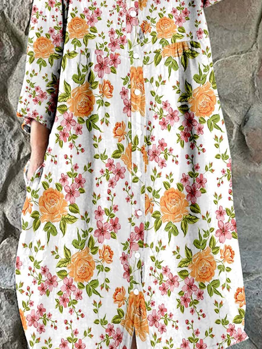 Women's Rose Flower Print Elegant Simple Shirt Cotton Linen Dress