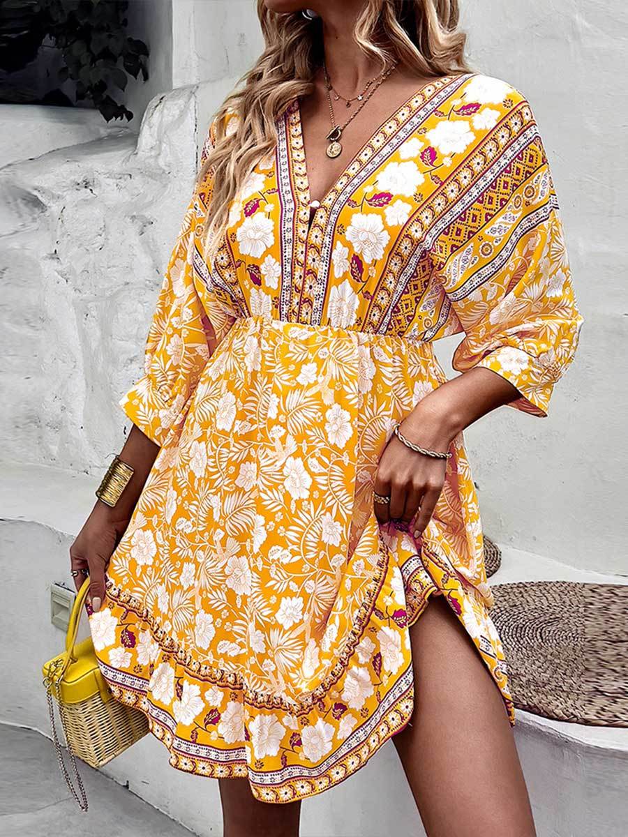 Women's Bohemian Print V-Neck Dress