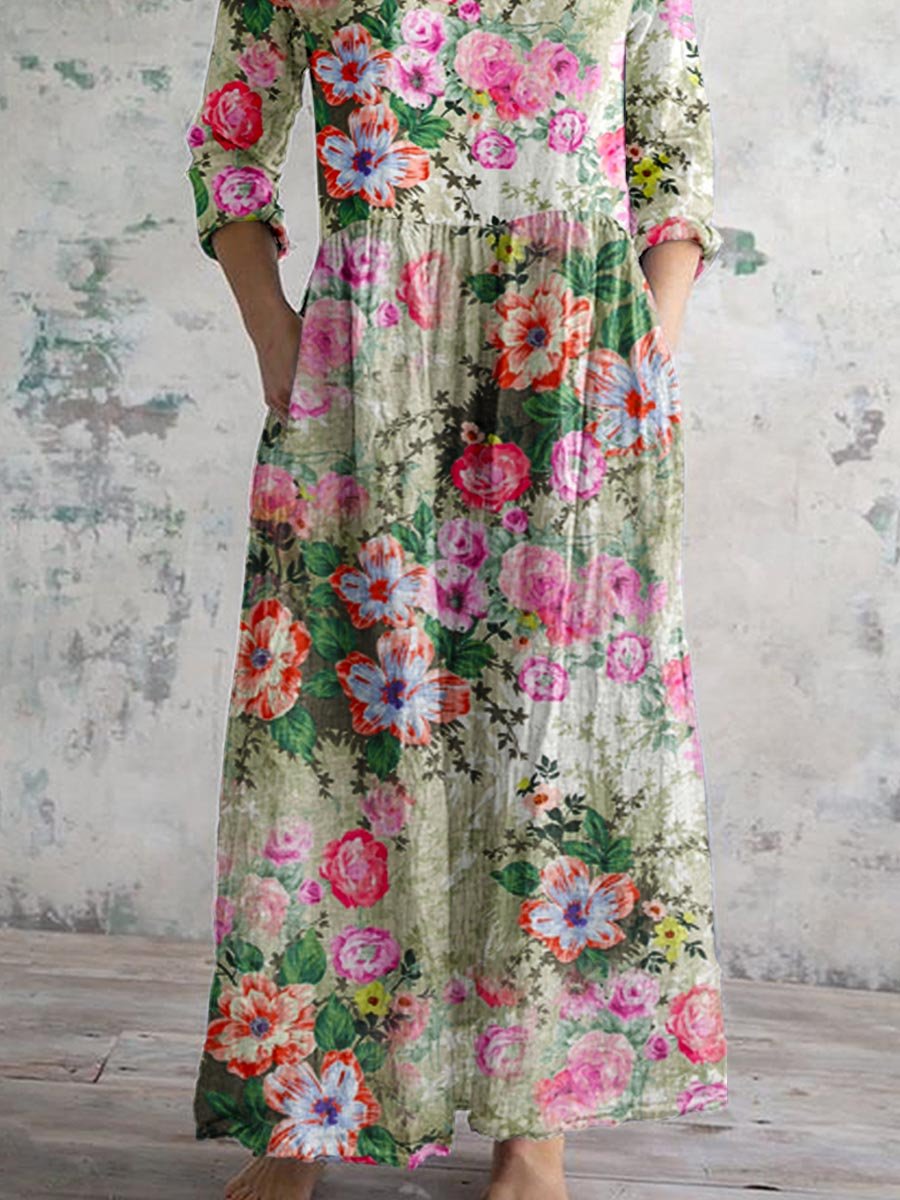 Women's Elegant Floral V-Neck Cotton Dress