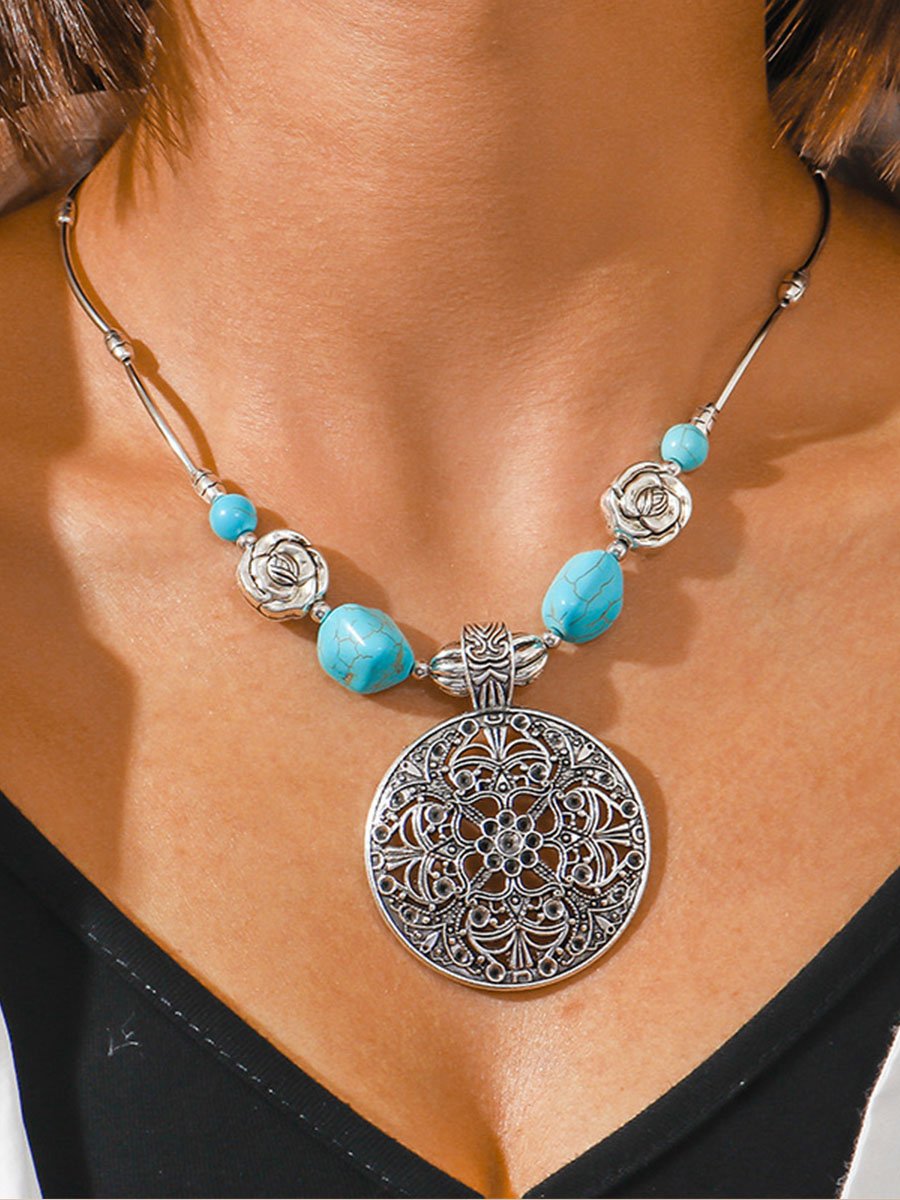 Retro Ethnic Style Hollow Carved Turquoise Pendant Necklace
