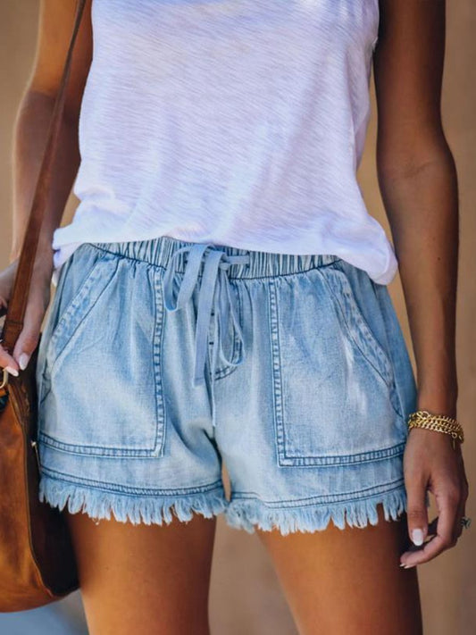 Women's Elastic Waist Drawstring Casual Denim Shorts