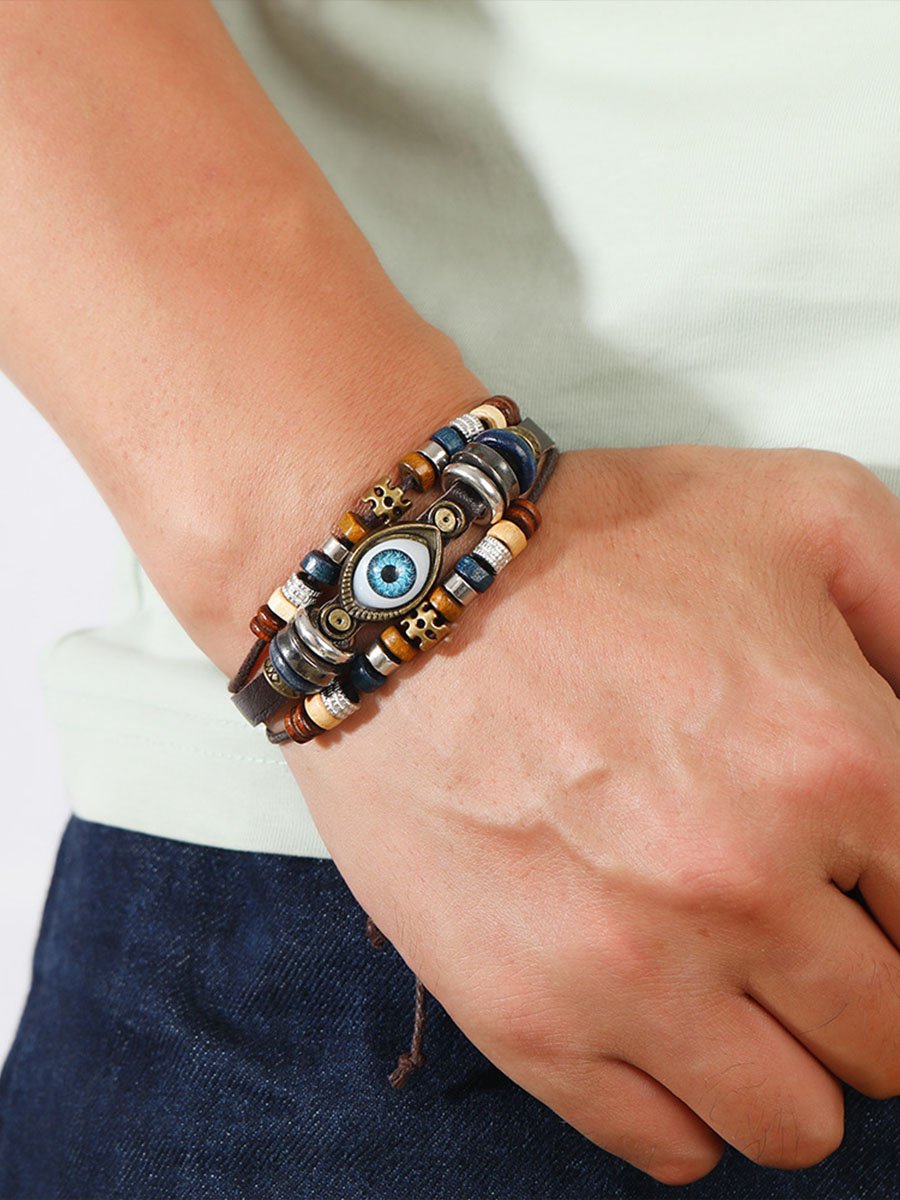 Pull-Adjustable Beaded Eyes Leather Bracelet