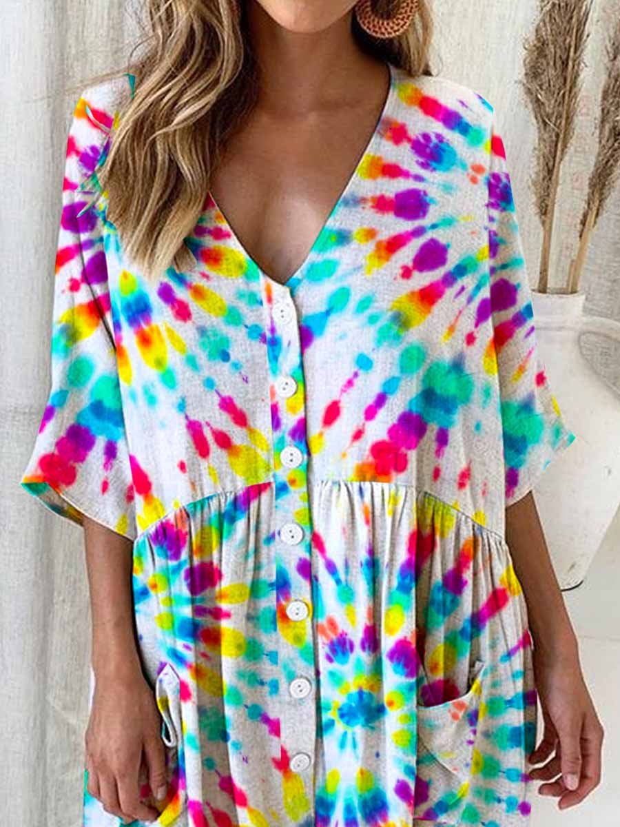 Women's Rainbow Tie-Dye Printed Cotton And Linen Dress