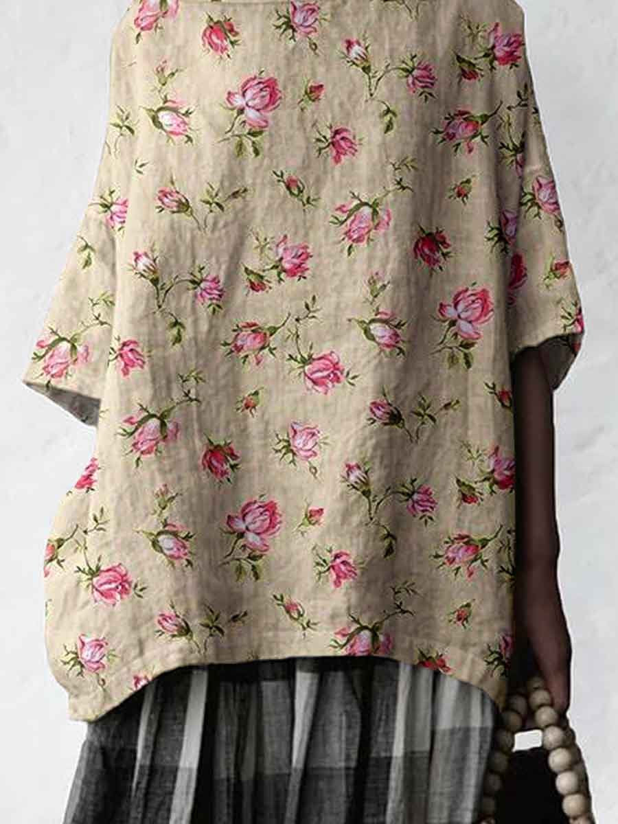 Women's Elegant Simple Rose Floral Print Linen Top