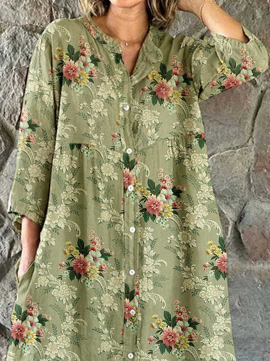 Women's Elegant  Rose Floral Pattern Shirt Style Cotton and Linen Dress