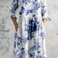 Women's Elegant Ink Painting Floral Pattern Cotton and Linen Dress with Pockets