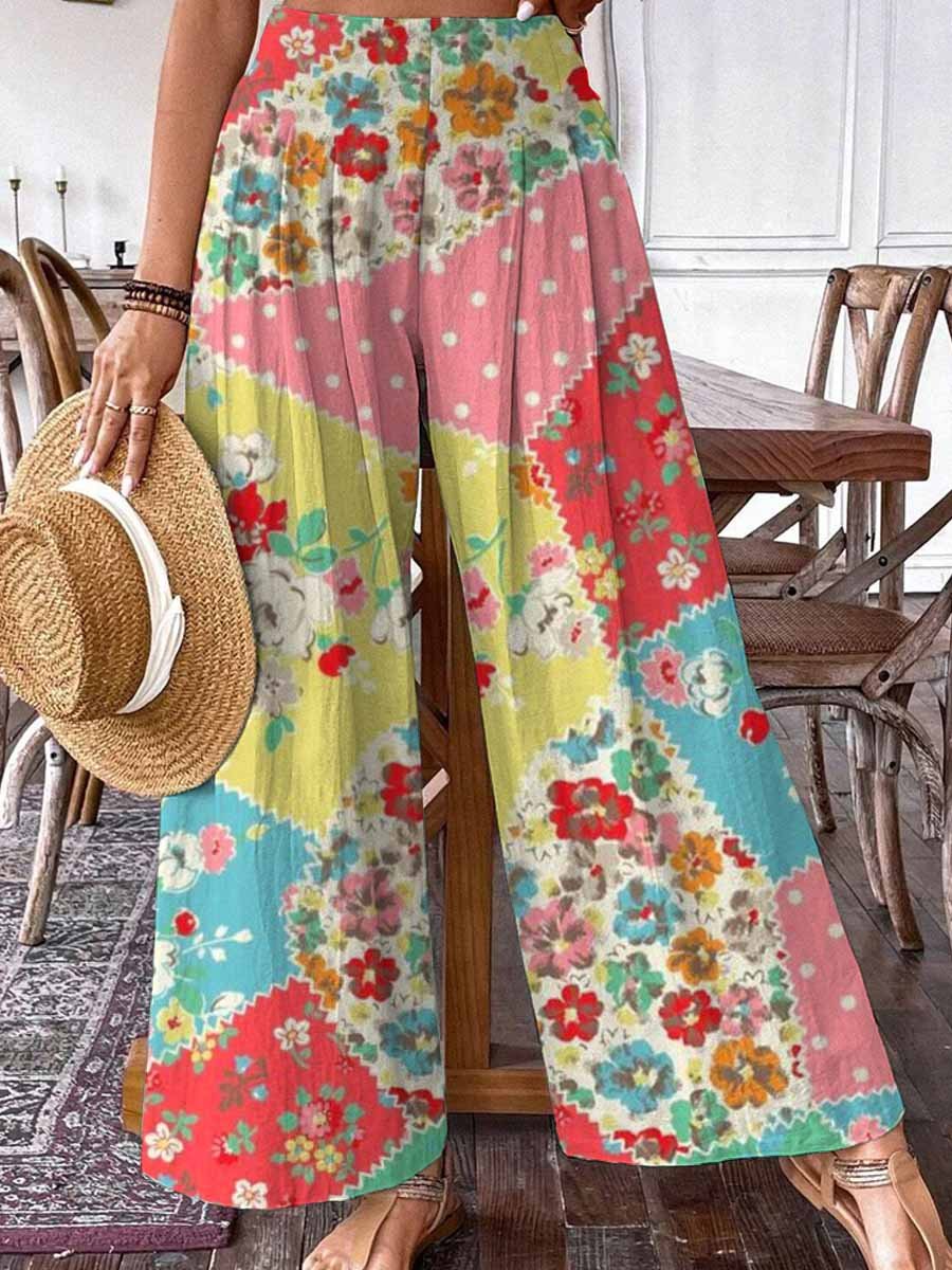 Women's Summer Floral Print Pattern Cotton Wide Leg Pants