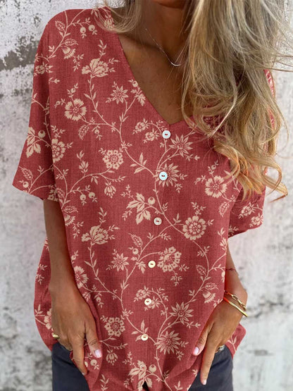 Women's Simple Floral V-neck Shirt-Style Cotton and Linen Top