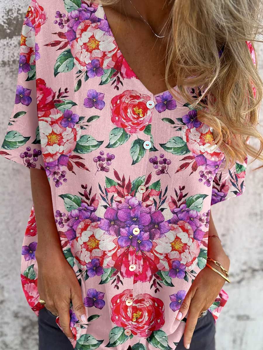 Women's Elegant Rose Floral Pattern V-Neck Shirt Style Cotton and Linen Top