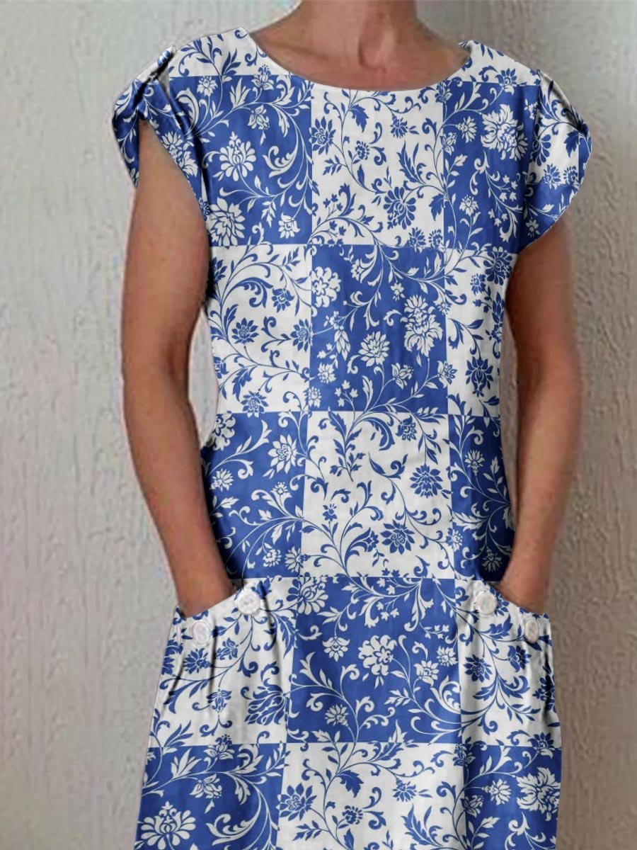 Women's Artistic Floral Decorative Pattern Round Neck Cotton And Linen Dress