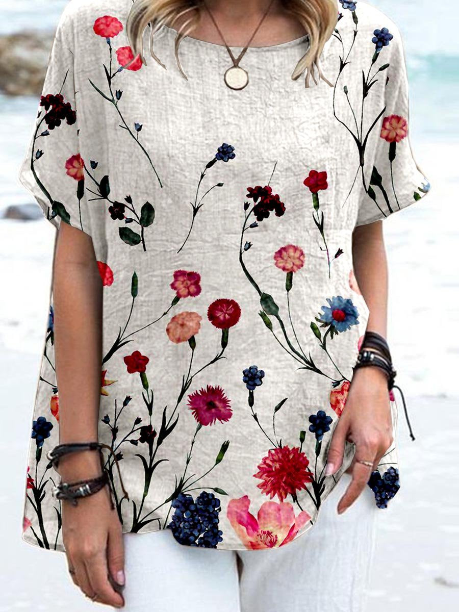 Women's Elegant Floral Print Cotton and Linen Top