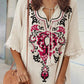 Women's Retro Bohemian Pattern Print V-Neck Strappy Raw Edge Cotton and Linen Dress