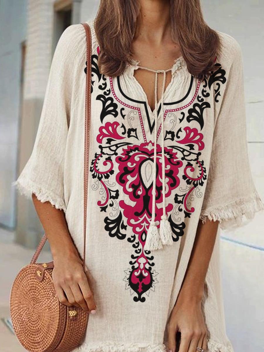 Women's Retro Bohemian Pattern Print V-Neck Strappy Raw Edge Cotton and Linen Dress