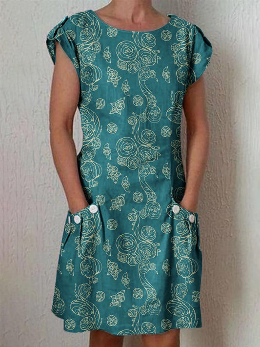 Women's Simple Elegant Decorative Floral Pattern Round Neck Cotton and Linen Dress