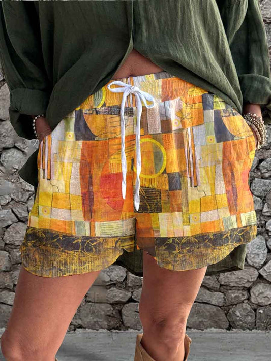 omen's Artistic Bohemian Texture Geometric Pattern Linen Strappy Shorts