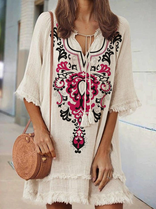 Women's Retro Bohemian Pattern Print V-Neck Strappy Raw Edge Cotton and Linen Dress