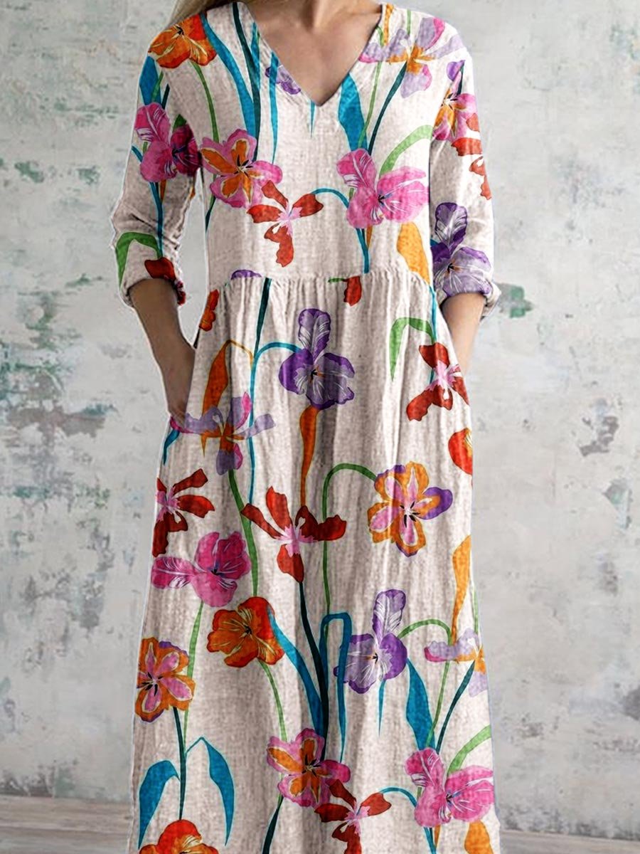 Women's Art Hand-Painted Floral V-Neck Cotton Dress