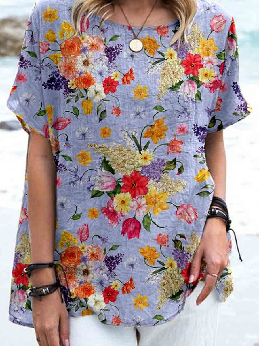 Women's Elegant Vintage  Floral Print Linen Top