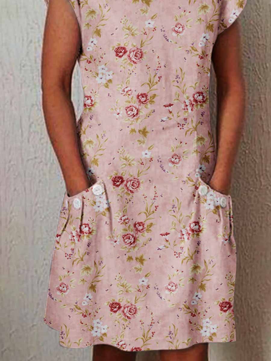 Women's Elegant Rose  Rose Floral Pattern Cotton and Linen Dress with Pockets