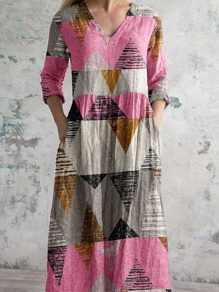 Women's Art Geometric Pattern V-Neck Cotton Dress