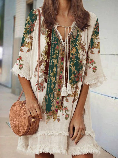 Women's Retro Bohemian Pattern Print V-Neck Strappy Raw Edge Cotton and Linen Dress