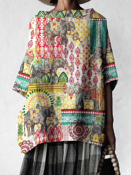 Women's Ethnic Geometric Pattern Cotton And LinenTops