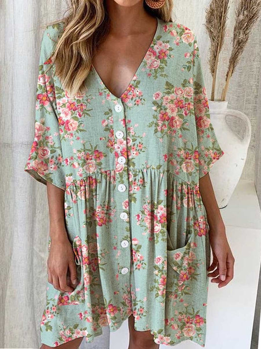 Women's Elegant Rose Floral Pattern Shirt Style Cotton and Linen Dress