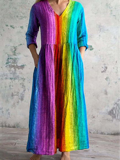 Women's V-Neck Rainbow Gradient Pattern Dress with Pockets