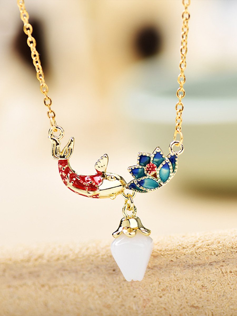 Women's Retro Ethnic Style Koi Lotus Pendant Necklace