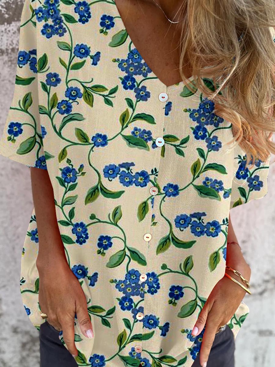 Women's Elegant Floral Pattern Shirt Style Cotton and Linen Top