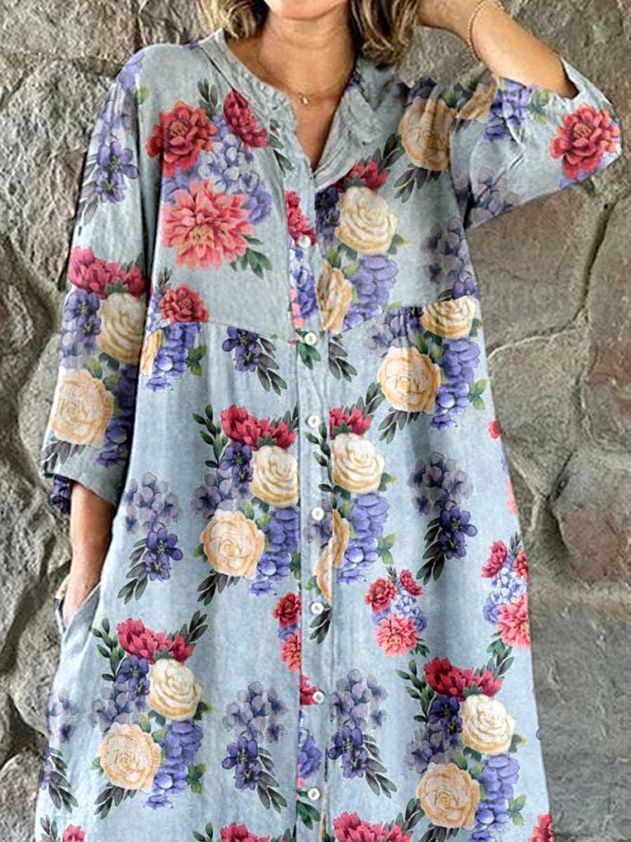 Women's Elegant  Rose Floral Pattern Shirt Style Cotton and Linen Dress