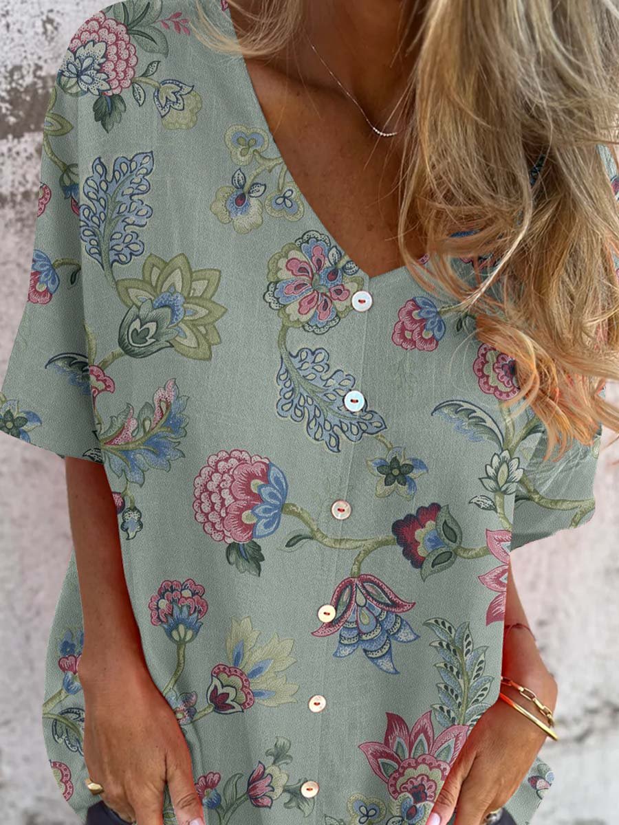 Women's Elegant Resort Boho Pattern Shirt Style Cotton and Linen Top